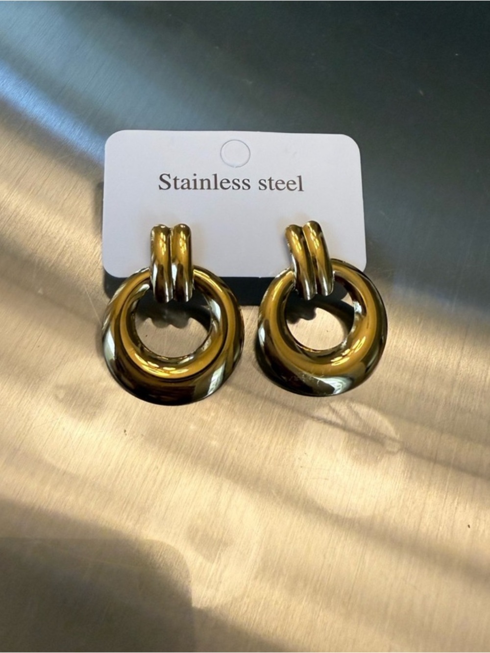 Gold Plated Stainless Steel Double Hoop Drop Earrings